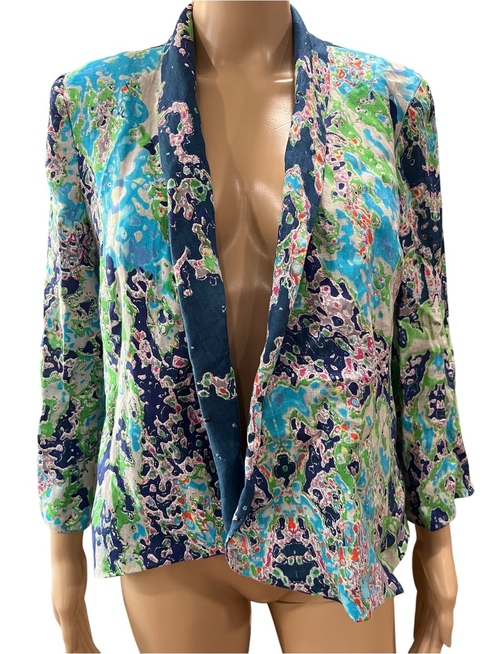 Alberto Makali New York Watercolor Abstract Open Blazer Lined Teal Blue Green - Picture 4 of 8